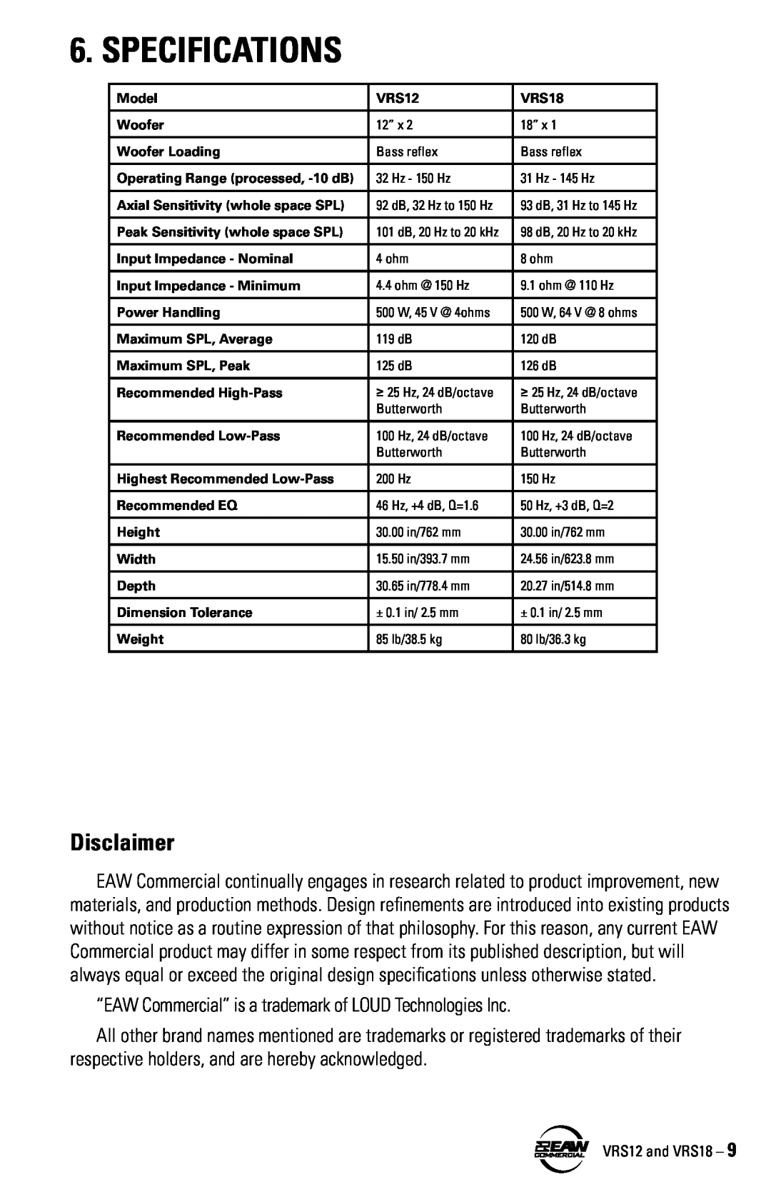 EAW VRS12 VRS18 instruction manual Specifications, Disclaimer 