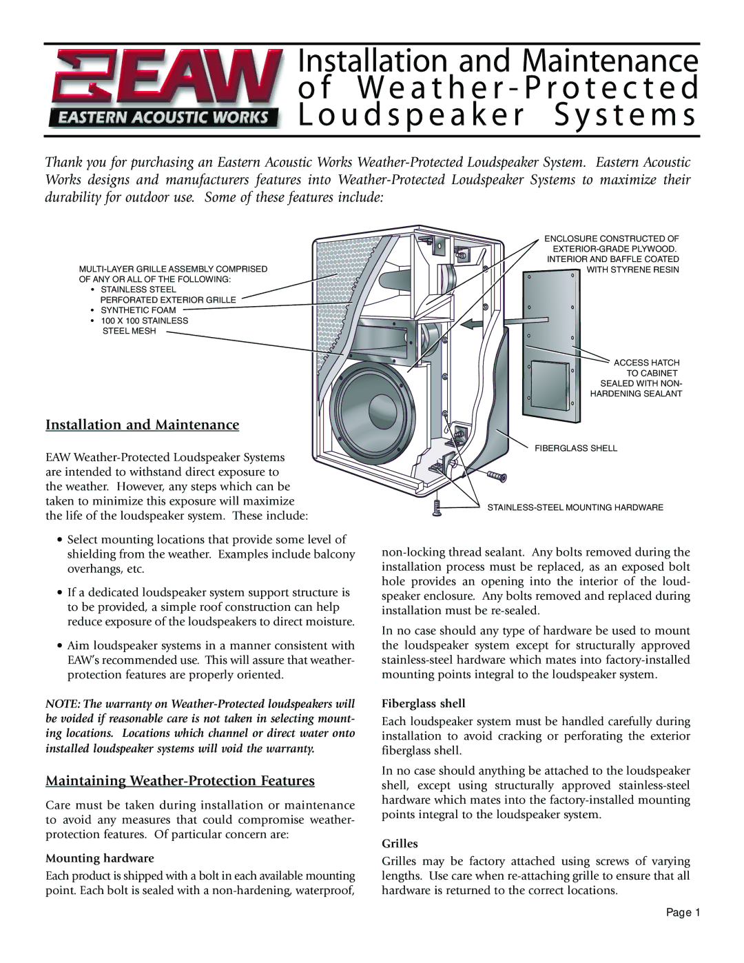 EAW Weather-Protected Loudspeaker System warranty Installation and Maintenance, Maintaining Weather-Protection Features 