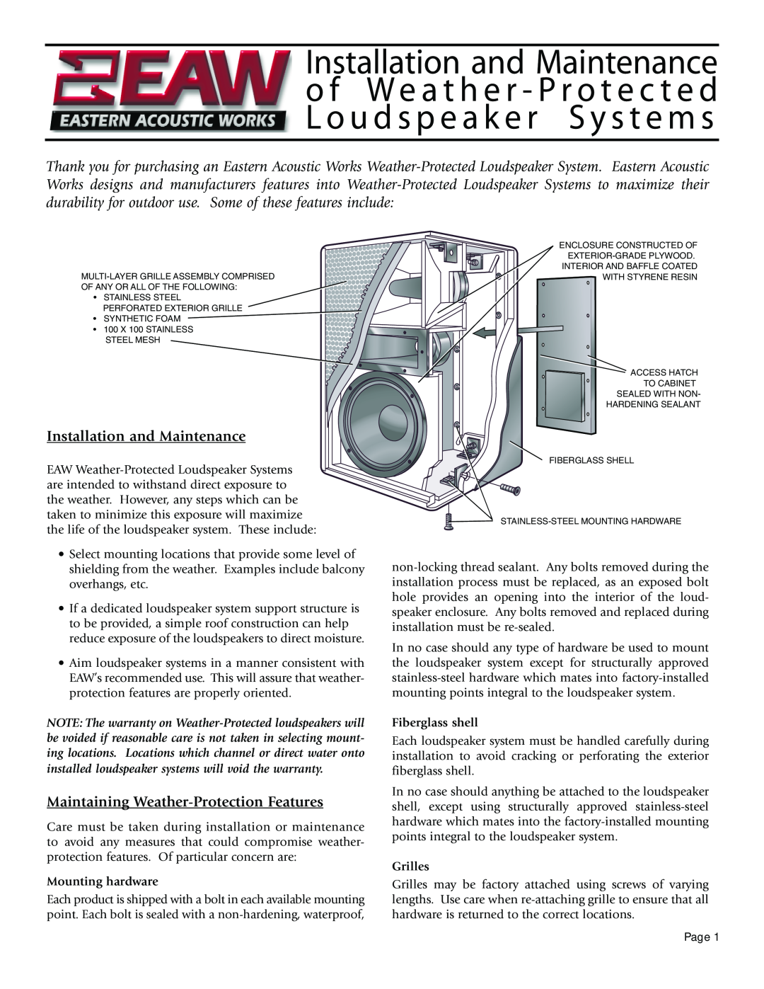 EAW Weather-Protected Loudspeaker System warranty Installation and Maintenance, Maintaining Weather-ProtectionFeatures 