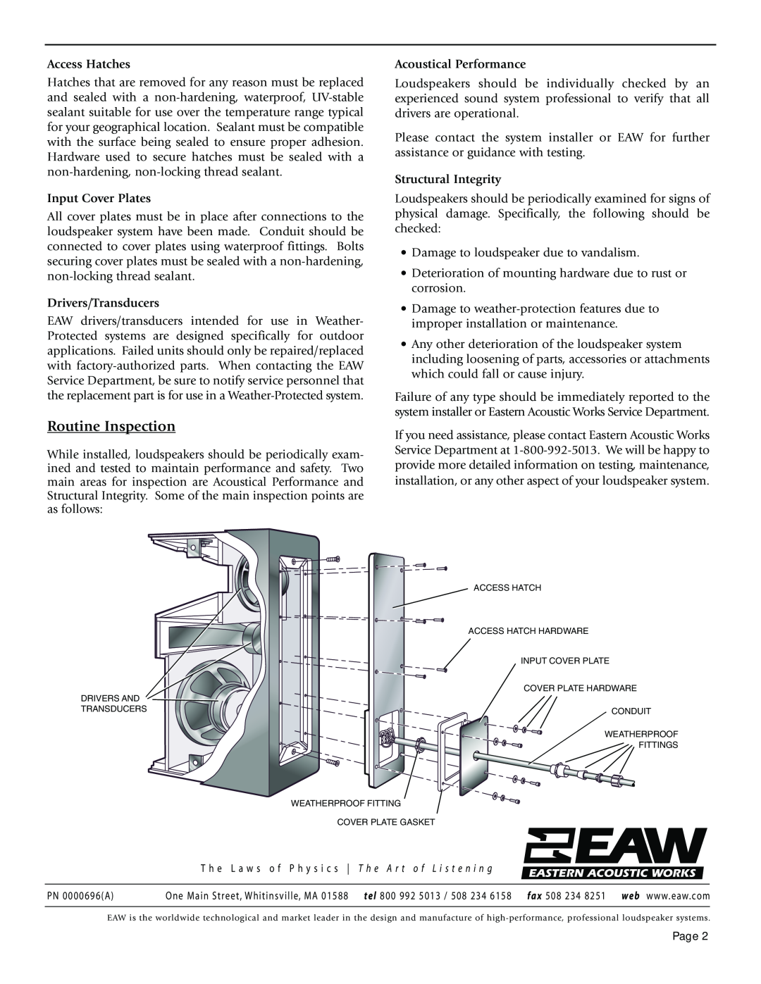 EAW Weather-Protected Loudspeaker System Routine Inspection, Access Hatches, Input Cover Plates, Drivers/Transducers 
