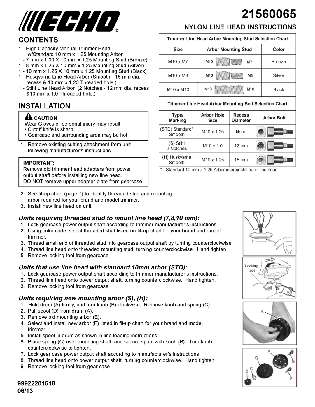 Echo 21560065 manual Contents, Installation 