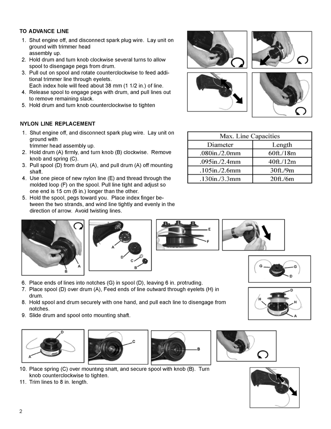 Echo 21560065 manual To advance line, Nylon line replacement 