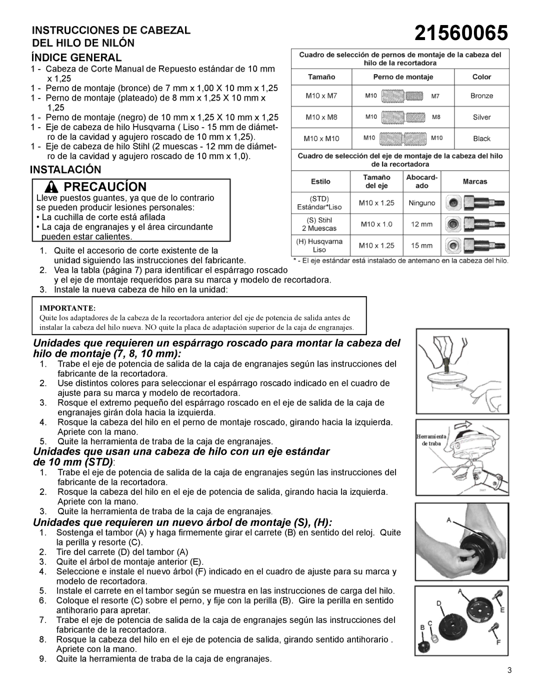 Echo 21560065 manual PRECauCÍon, Unidades que requieren un nuevo árbol de montaje S, H 