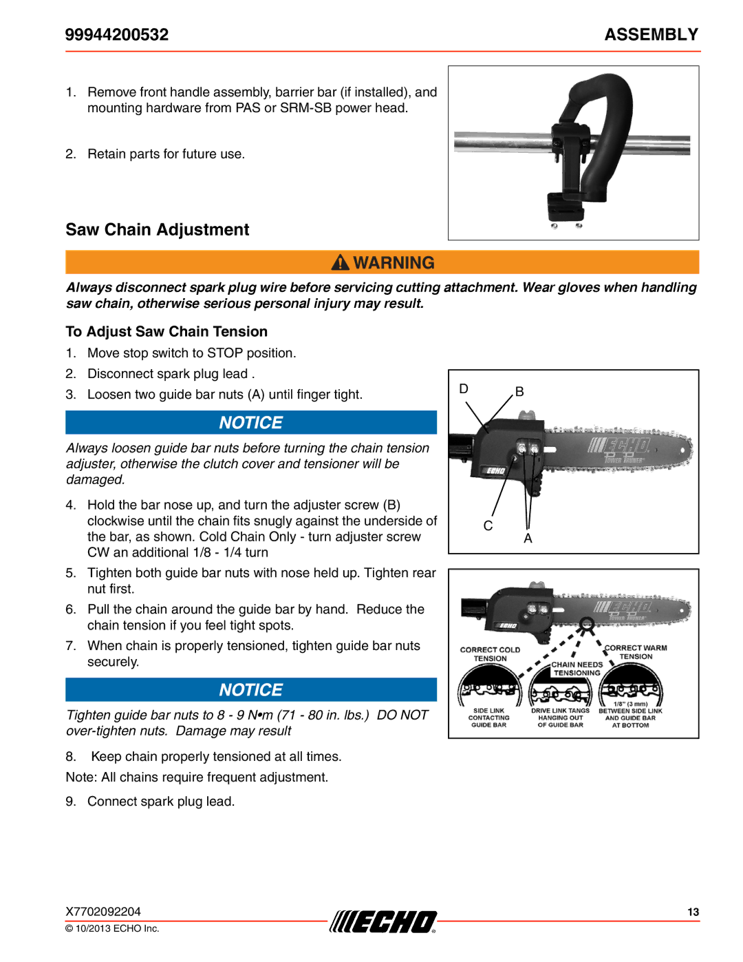 Echo 261, 231, SRM-2100SB, 2400, 260SB, PAS-2100, 225VPB, 211SB Saw Chain Adjustment, To Adjust Saw Chain Tension 