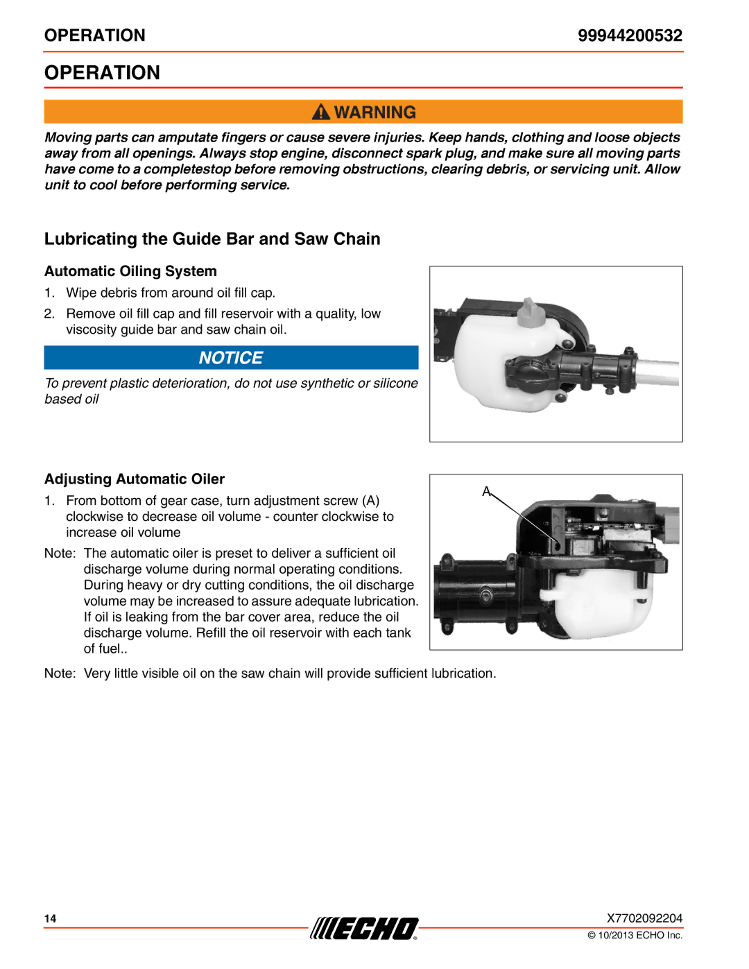 Echo 265, 260, 261 Operation, Lubricating the Guide Bar and Saw Chain, Automatic Oiling System, Adjusting Automatic Oiler 