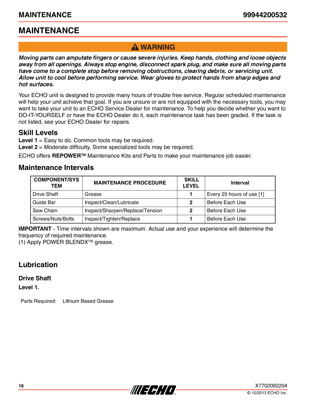 Echo 2400SB, 261, 231, SRM-2100SB, 260SB, 225VPB Skill Levels, Maintenance Intervals, Lubrication, Drive Shaft 