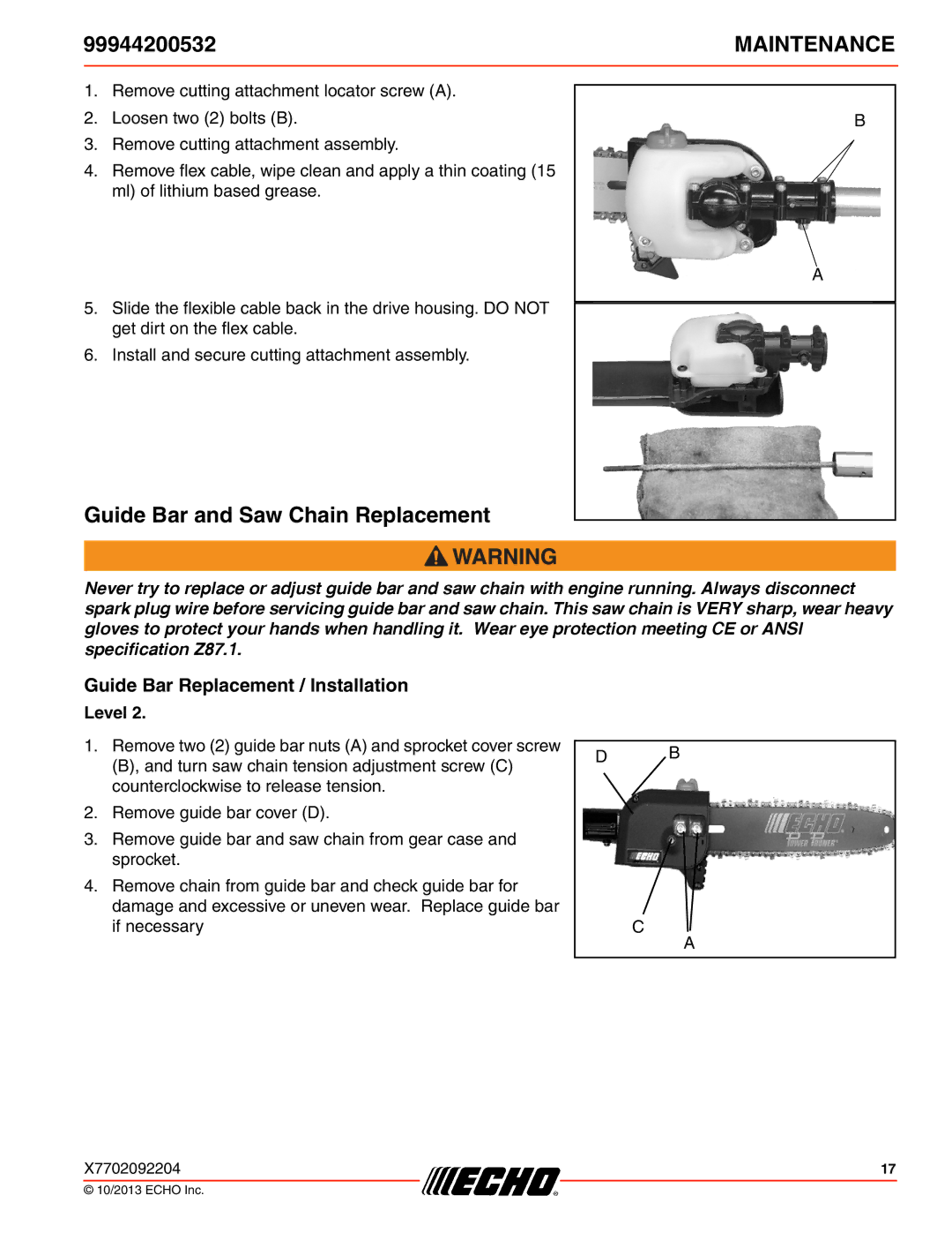 Echo 261, 231, SRM-2100SB, 2400, 260SB, 225 Guide Bar and Saw Chain Replacement, Guide Bar Replacement / Installation 