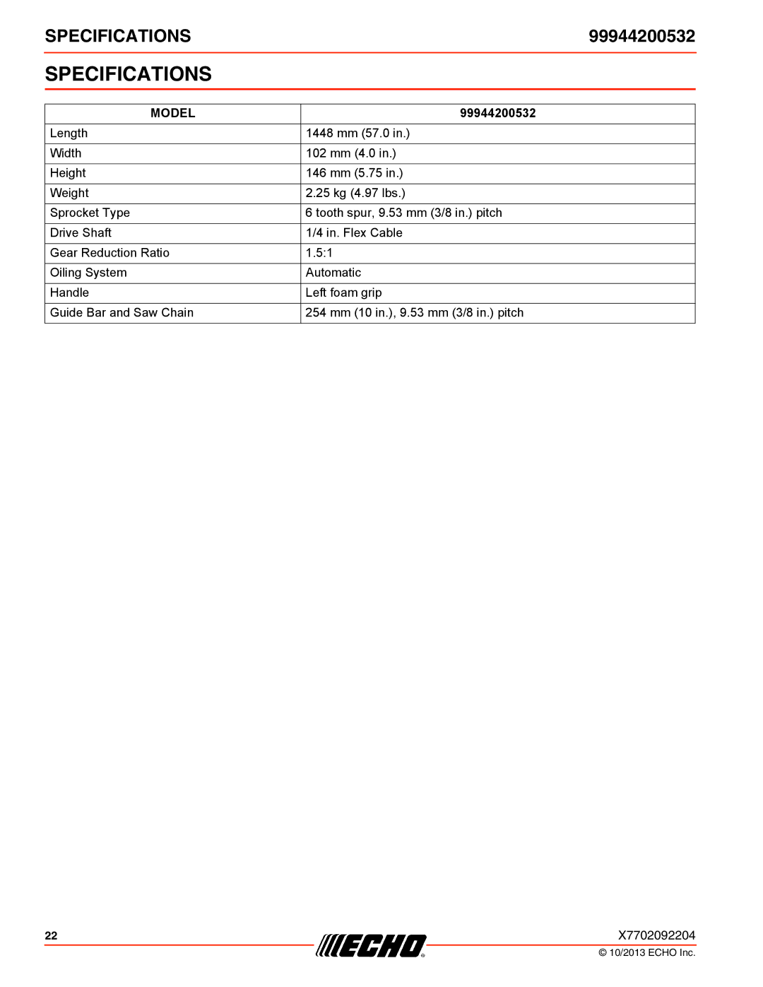 Echo 261, 231, SRM-2100SB, 260SB, PAS-2100, 225VPB, 211SB, 210SB, 230, 265, 2601, 2400SB, 225SB, 280 Specifications, Model 