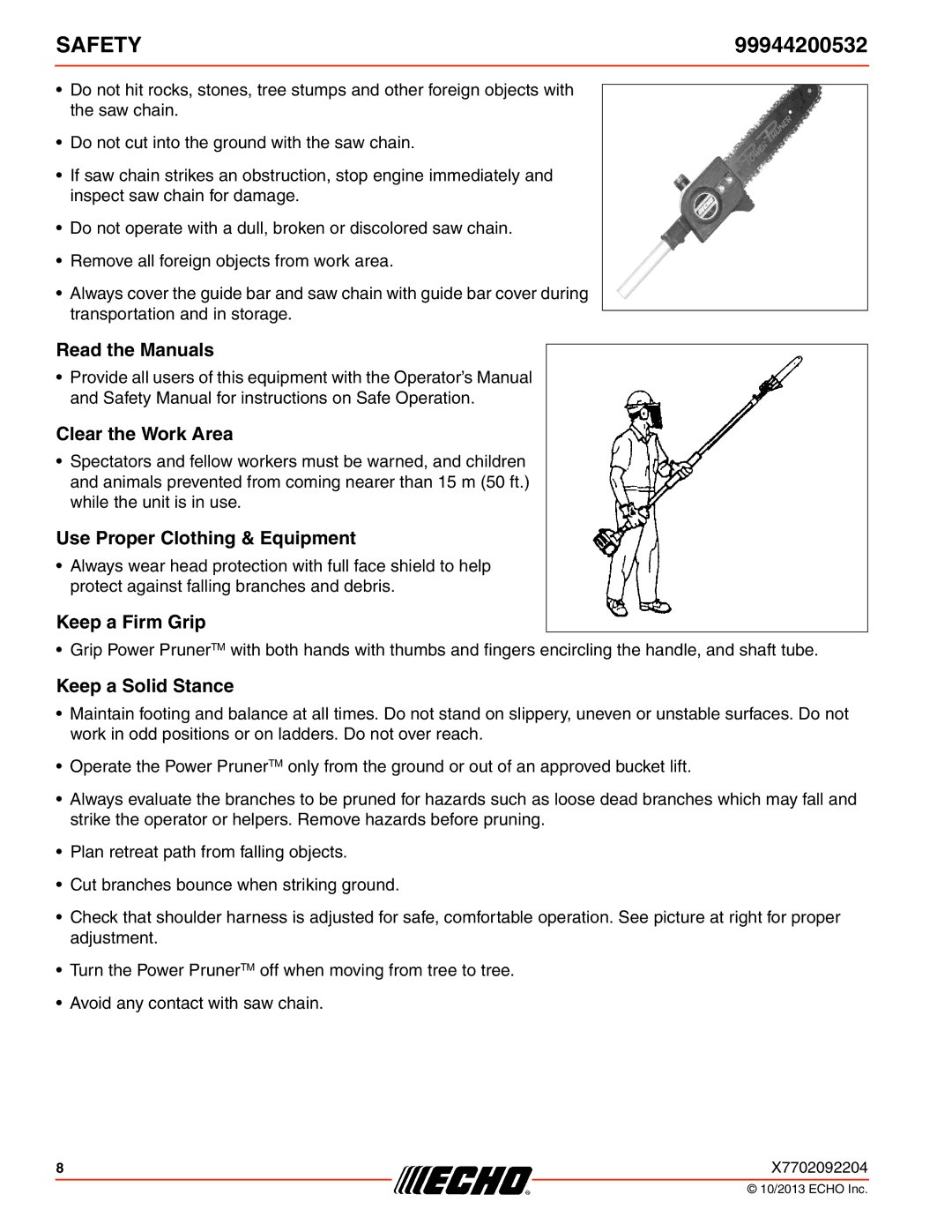 Echo PAS-2100, 260, 261, 231, 2400 Read the Manuals, Clear the Work Area, Use Proper Clothing & Equipment, Keep a Firm Grip 