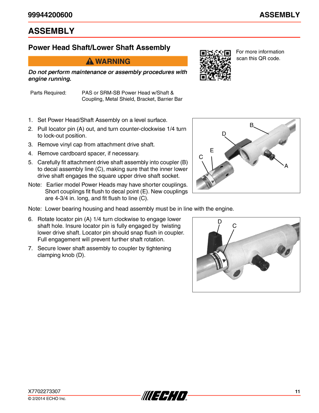 Echo 210SB, 261, 231, SRM-2100SB, 2400, 260SB, PAS-2100, 225VPB, 211SB, 230, 265 Power Head Shaft/Lower Shaft Assembly 