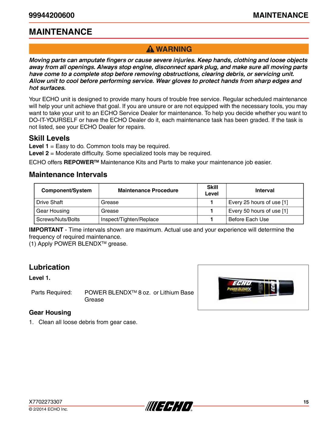 Echo 2601, 261, 231, SRM-2100SB, 2400, 260SB, 225VP, 211SB Skill Levels, Maintenance Intervals, Lubrication, Gear Housing 