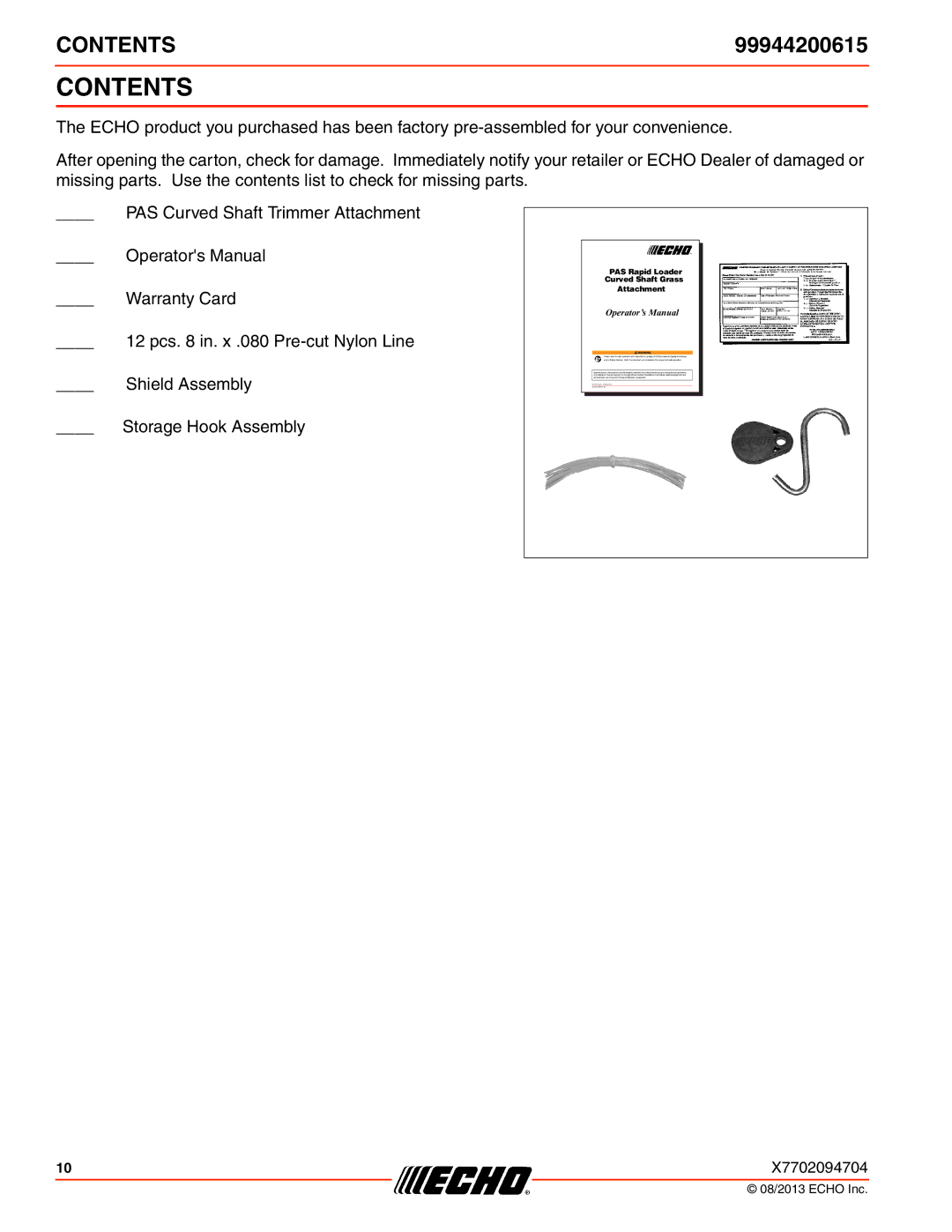 Echo 211SB, 231, SRM-2100SB, 260SB, PAS-2100, 225VPB, 210SB, 230, 265, 2601, 2400SB, 225SB, 261SB, 266 Contents 