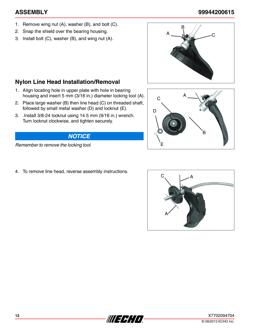 Echo 230, 261, 231, SRM-2100SB, 2400, 260SB, PAS-2100, 225VPB, 211SB, 265 Assembly, Nylon Line Head Installation/Removal 