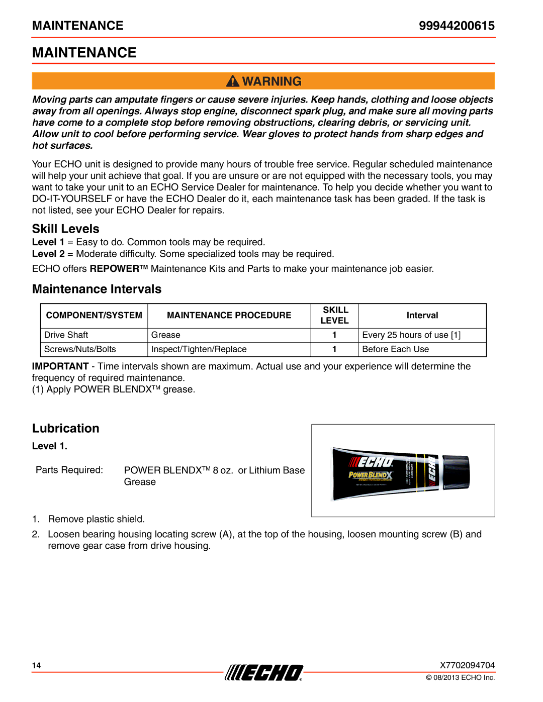 Echo 265, 261, 231, SRM-2100SB, 2400, 260SB, PAS-2100, 225VPB, 230 Skill Levels, Maintenance Intervals, Lubrication 