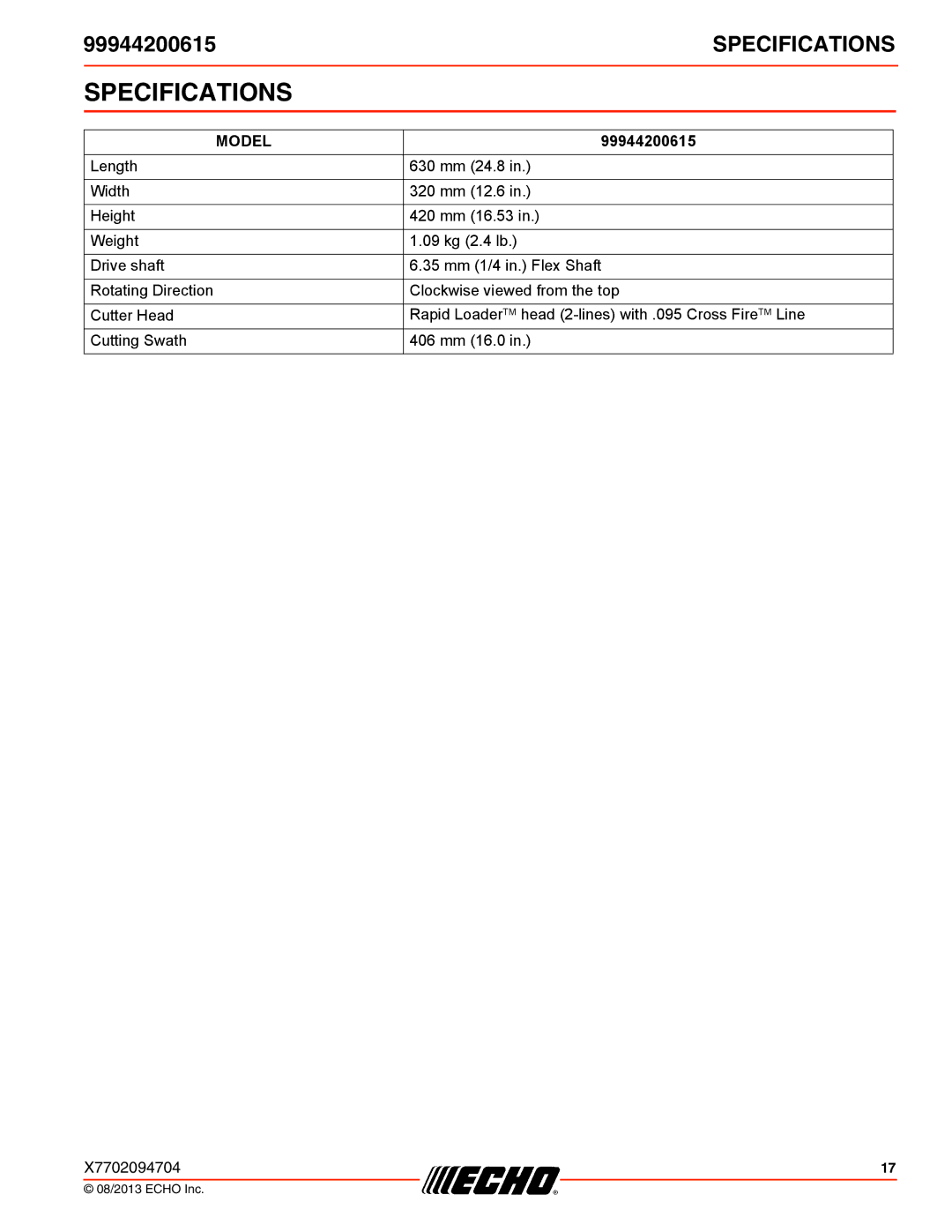 Echo 261, 231, SRM-2100SB, 260SB, PAS-2100, 225VPB, 211SB, 210SB, 230, 265, 2601, 2400SB, 225SB Specifications, Model 