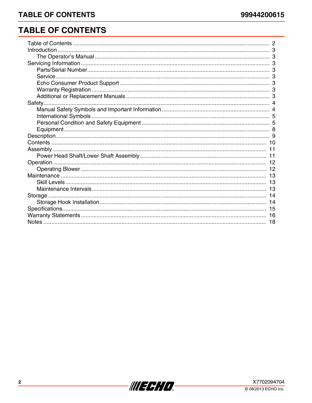 Echo 231, SRM-2100SB, 260SB, PAS-2100, 225VPB, 211SB, 210SB, 230, 265, 2601, 2400SB, 225SB, 261SB Table of Contents 