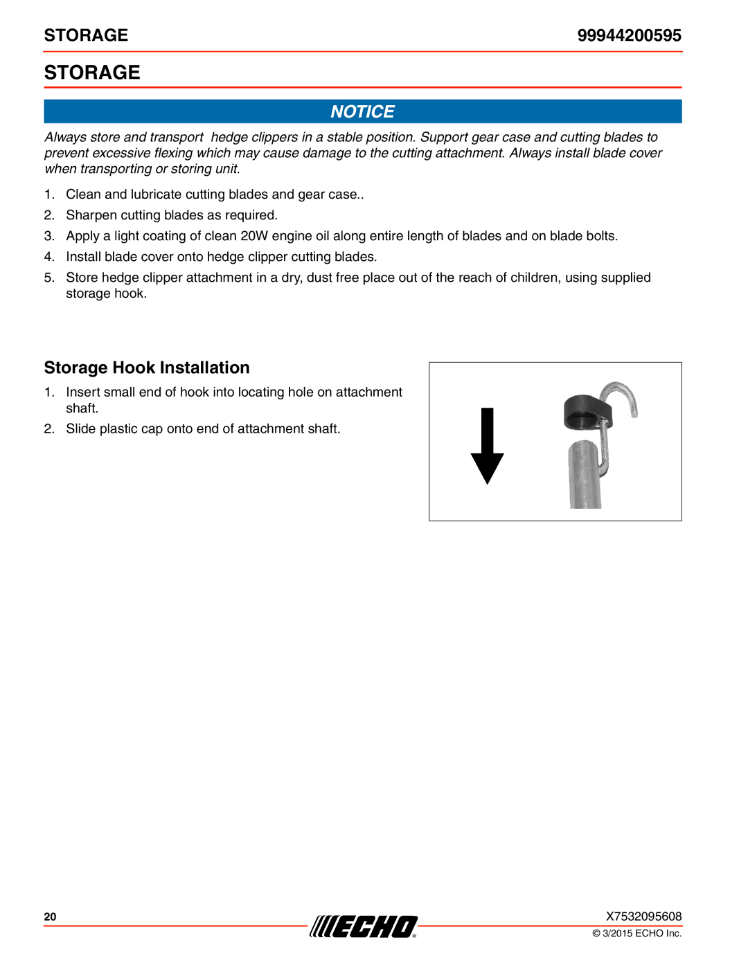 Echo 266, 261, 231, SRM-2100SB, 2400, 260SB, PAS-2100, 225VPB, 211SB, 210SB, 230, 265, 2601 Storage Hook Installation 