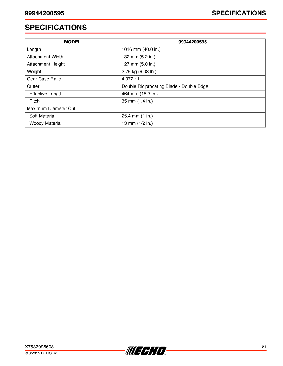 Echo 261, 231, SRM-2100SB, 260SB, PAS-2100, 225VPB, 211SB, 210SB, 230, 265, 2601, 2400SB, 225SB, 266 Specifications, Model 