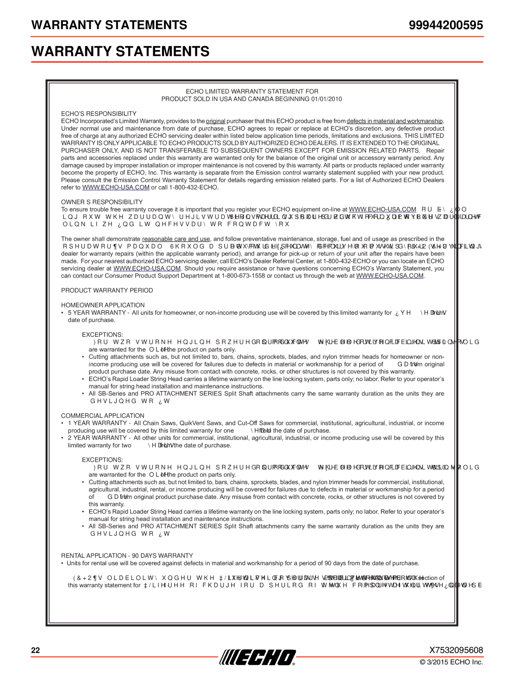 Echo 261, 231, SRM-2100SB, 2400, 260SB, PAS-2100, 225VPB, 211SB, 210SB, 230, 265, 2601, 266 Warranty Statements, Exceptions 