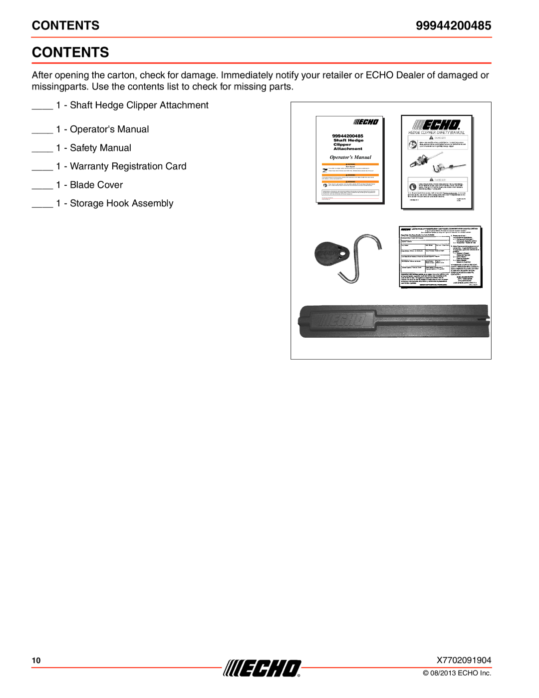 Echo 211SB, 231, SRM-2100SB, 260SB, PAS-2100, 225VPB, 210SB, 230, 265, 2601, 2400SB, 225SB, 261SB, 266 Contents 