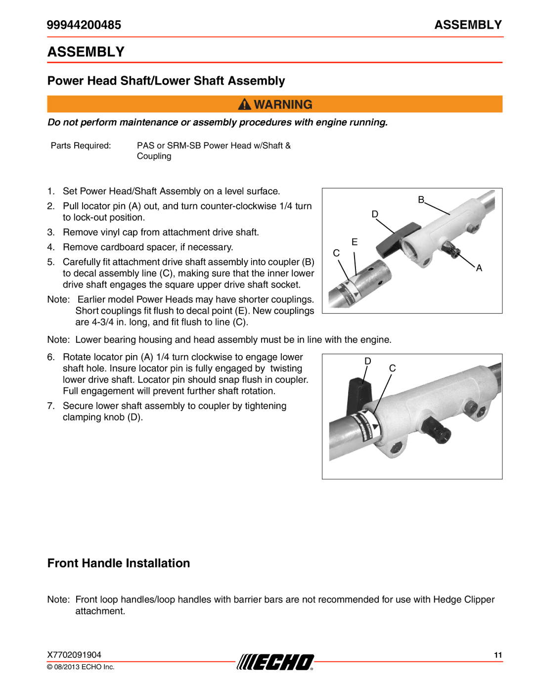 Echo 210SB, 261, 231, SRM-2100SB, 2400, 260SB, 225, 230 Power Head Shaft/Lower Shaft Assembly, Front Handle Installation 