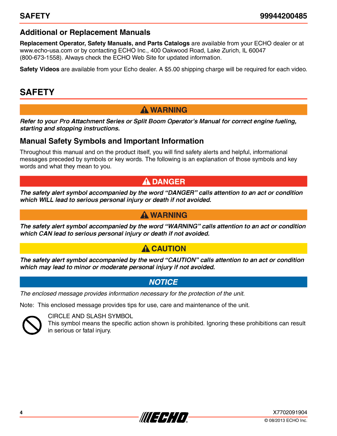 Echo 2400, 260, 261, 231 99944200485, Additional or Replacement Manuals, Manual Safety Symbols and Important Information 