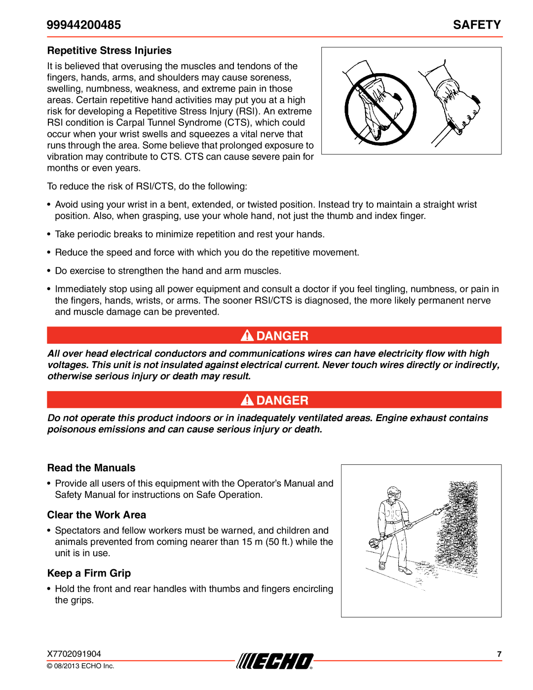 Echo 225VP, 260, 261, 231, SRM-2100SB, 230 Repetitive Stress Injuries, Read the Manuals, Clear the Work Area, Keep a Firm Grip 