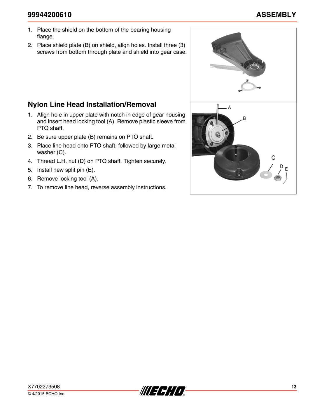 Echo 261, 231, SRM-2100SB, 2400, 260SB, PAS-2100, 225VPB, 211SB, 210SB Nylon Line Head Installation/Removal, Assembly 