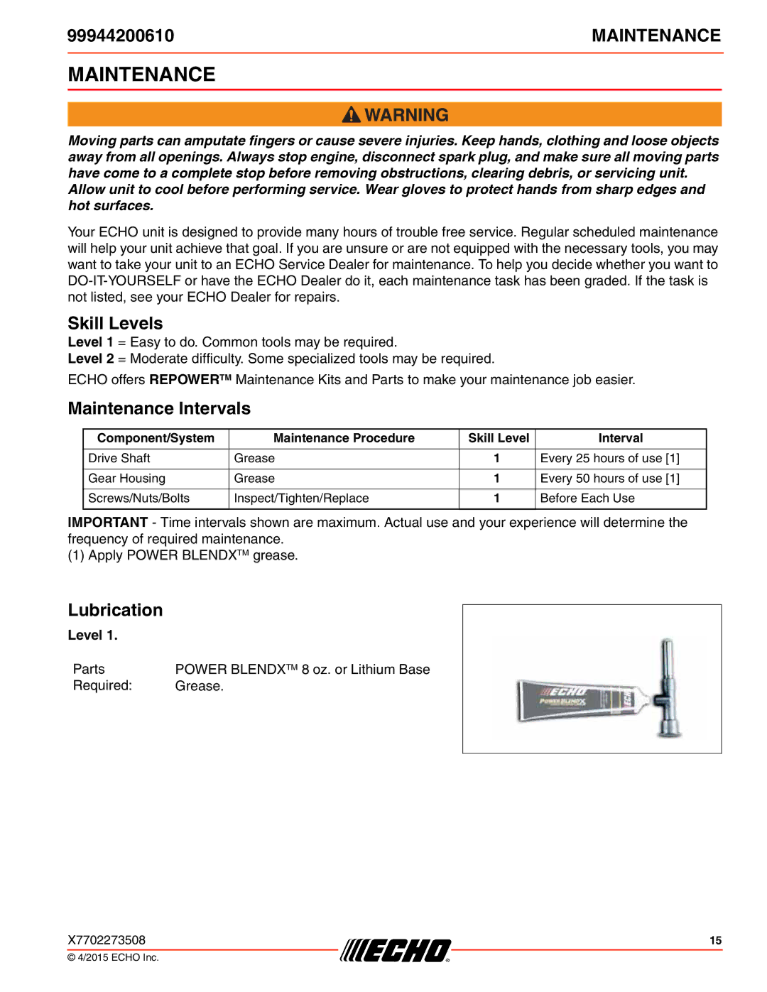 Echo 2601, 261, 231, SRM-2100SB, 2400, 260SB, PAS-2100, 225VPB, 211SB Skill Levels, Maintenance Intervals, Lubrication 