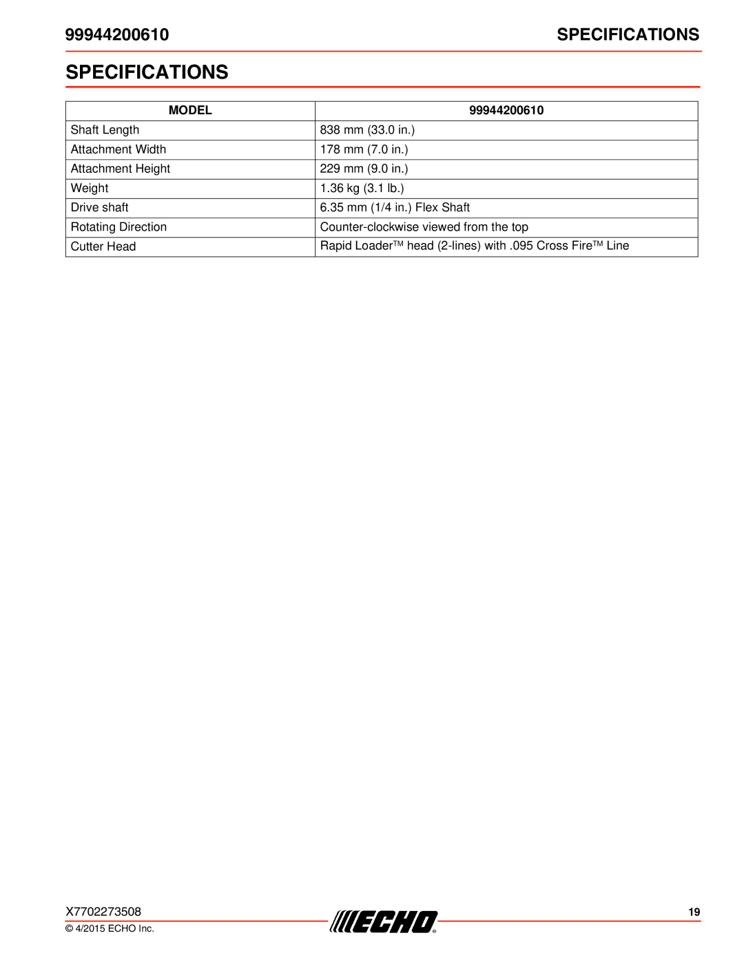 Echo 261SB, 231, SRM-2100SB, 260SB, PAS-2100, 225VPB, 211SB, 210SB, 230, 265, 2601, 2400SB, 225SB Specifications, Model 