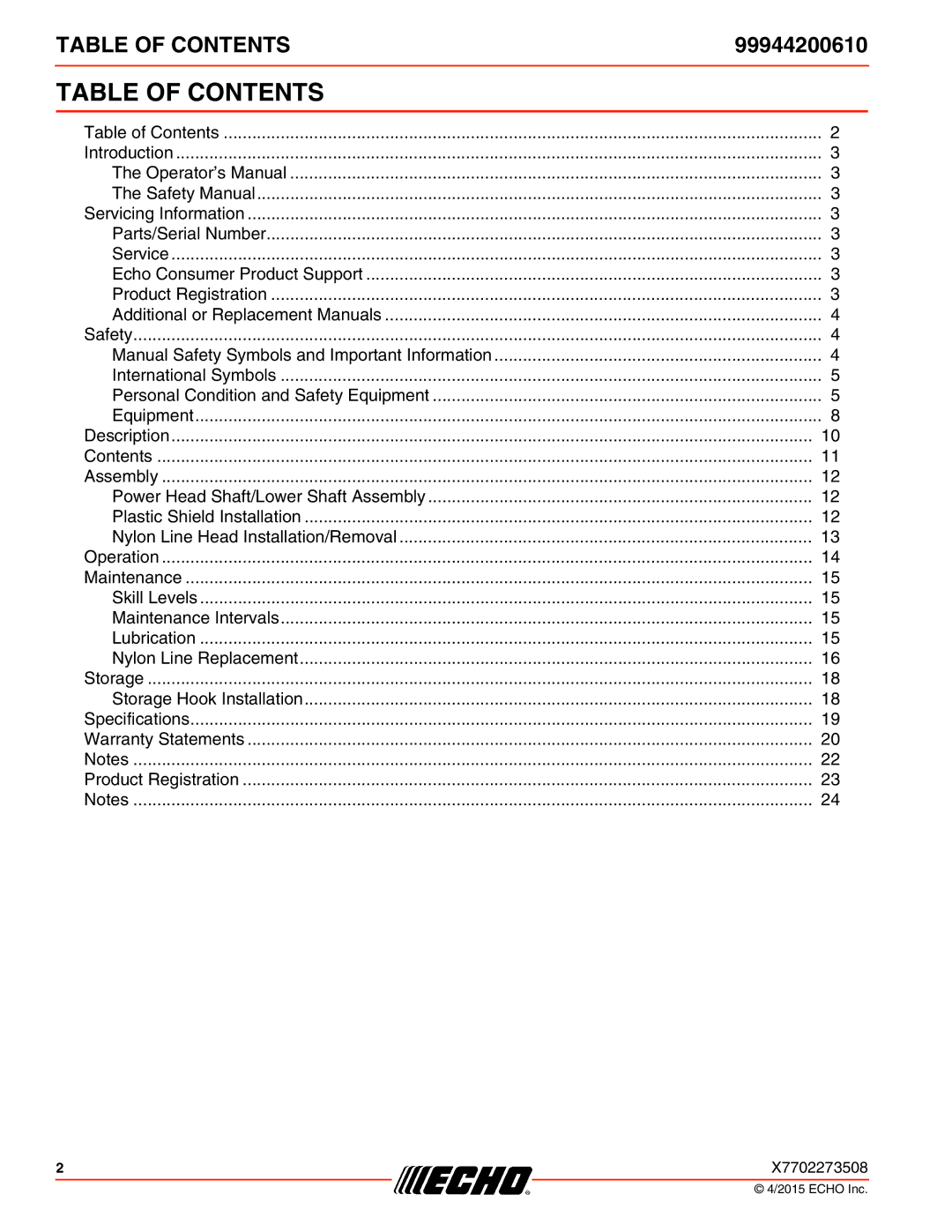 Echo 231, SRM-2100SB, 260SB, PAS-2100, 225VPB, 211SB, 210SB, 230, 265, 2601, 2400SB, 225SB, 261SB Table of Contents 