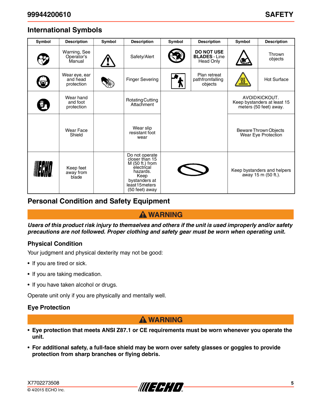 Echo 260SB, 261, 231, 225 International Symbols, Personal Condition and Safety Equipment, Physical Condition, Eye Protection 