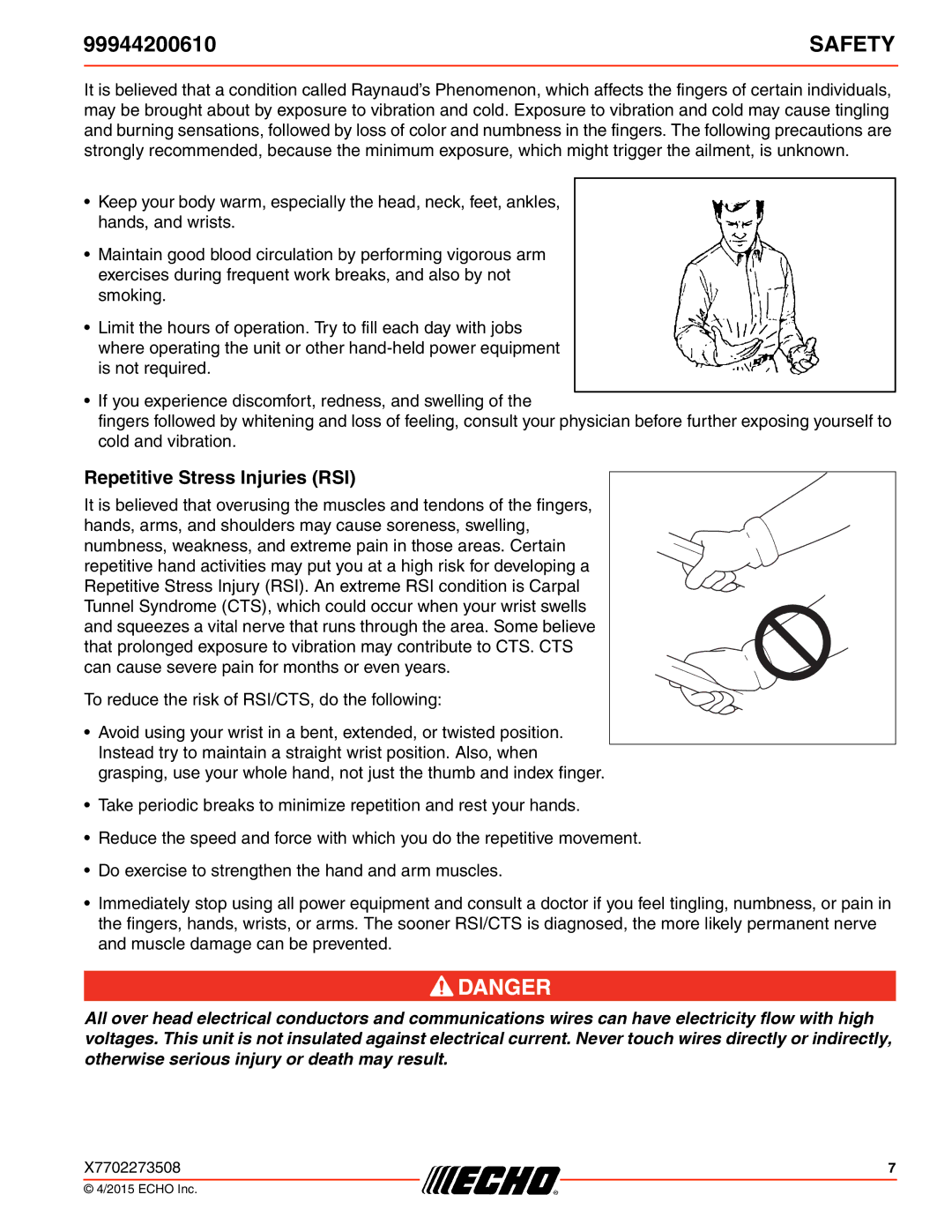 Echo 261, 231, SRM-2100SB, 2400, 260SB, PAS-2100, 225VPB, 211SB, 210SB, 230, 265, 2601 Safety, Repetitive Stress Injuries RSI 