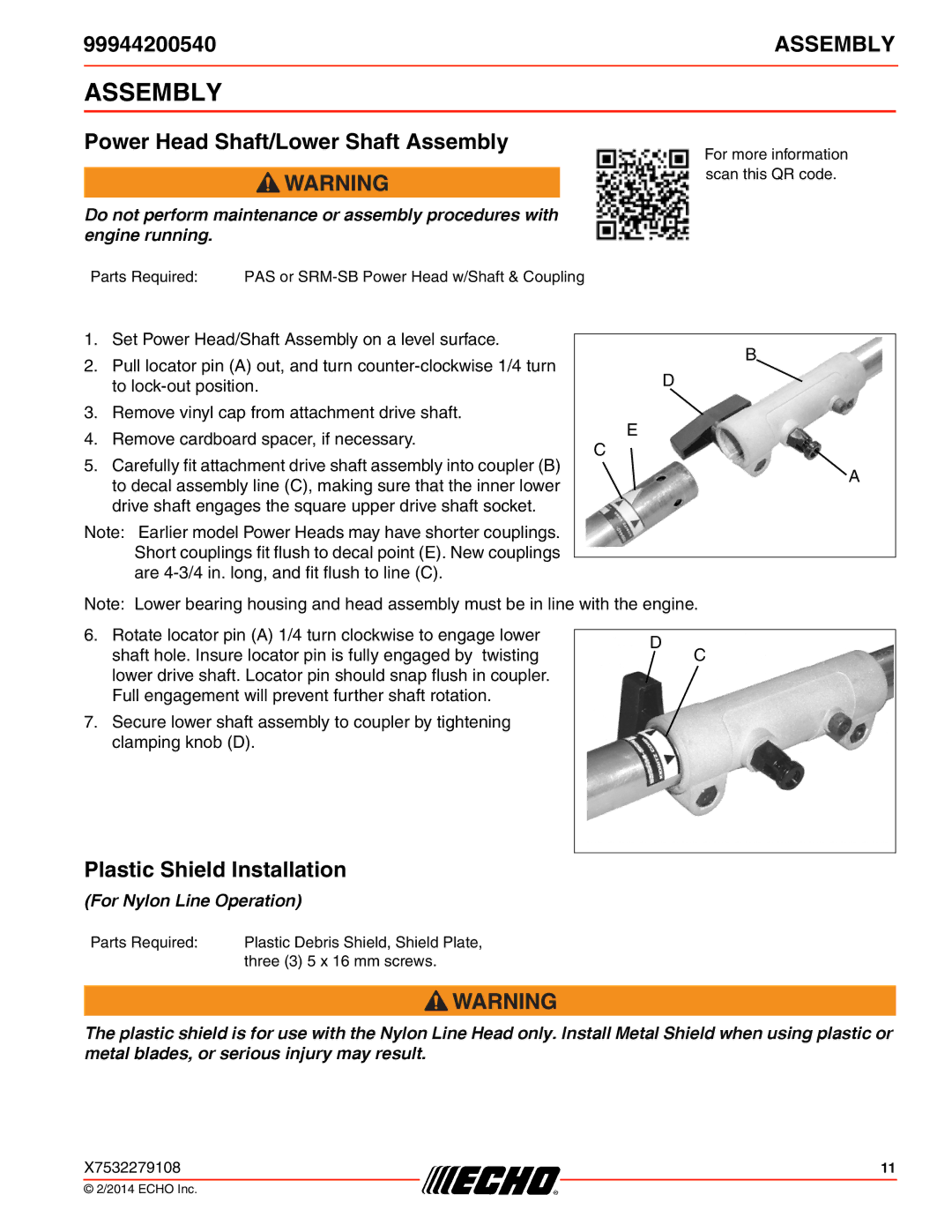 Echo 210SB, 261, 231, SRM-2100SB, 2400, 260SB, 225 Power Head Shaft/Lower Shaft Assembly, Plastic Shield Installation 