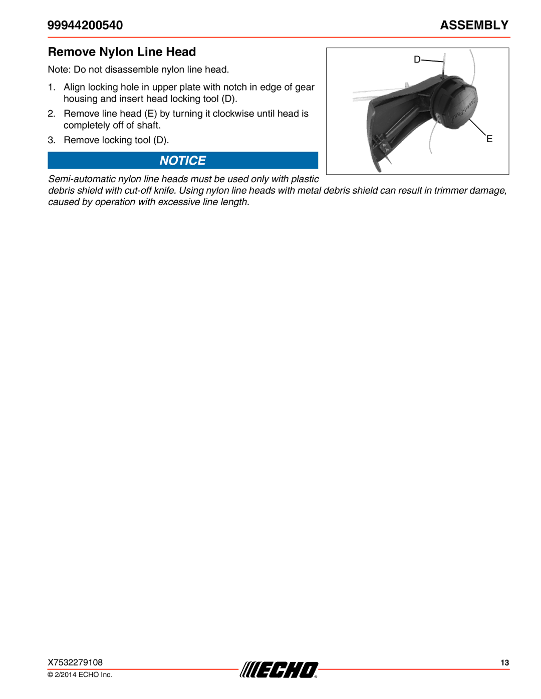 Echo 261, 231, SRM-2100SB, 260SB, PAS-2100, 225VPB, 211SB, 210SB, 230, 265, 2601, 2400SB, 225SB Remove Nylon Line Head 