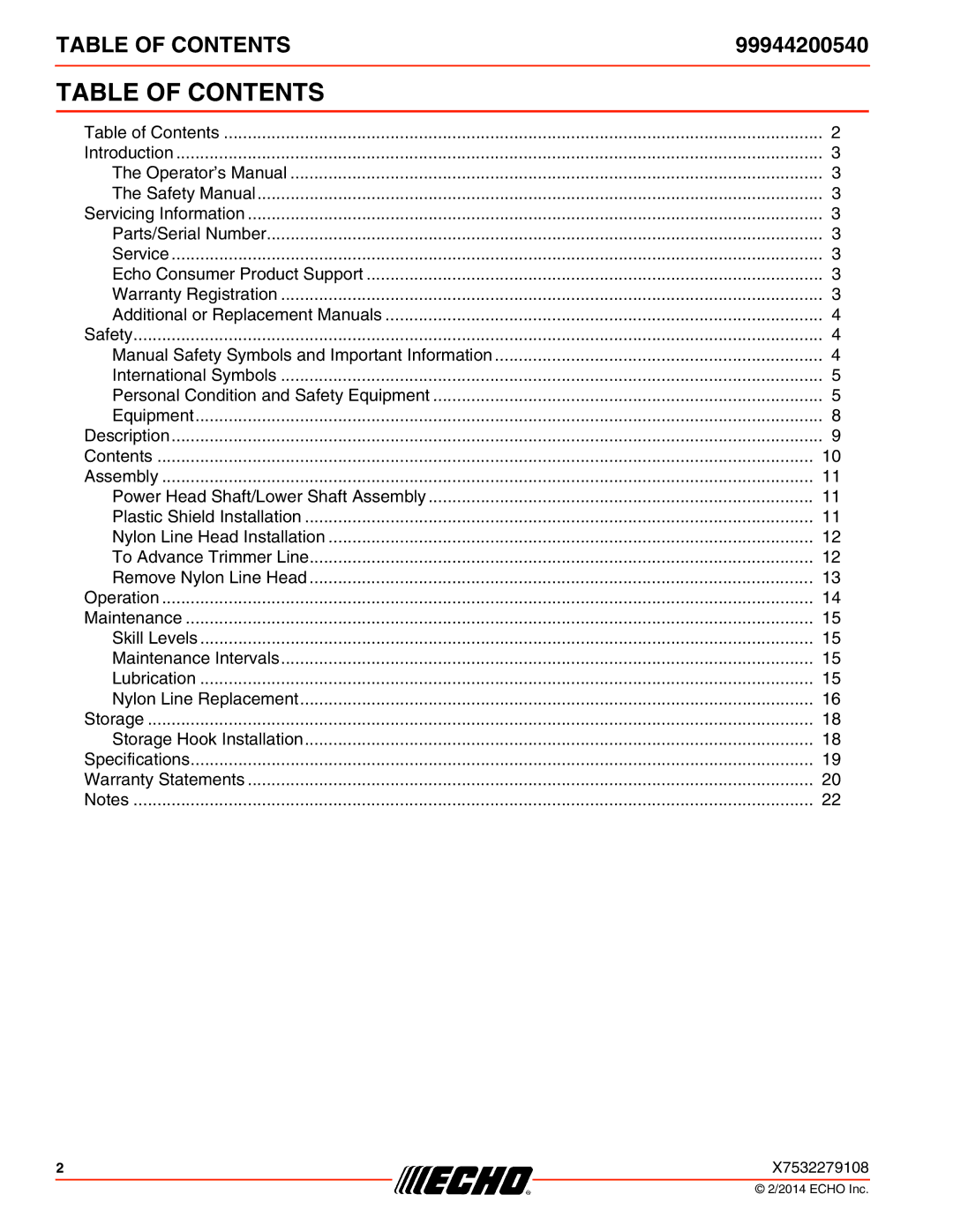 Echo 231, SRM-2100SB, 260SB, PAS-2100, 225VPB, 211SB, 210SB, 230, 265, 2601, 2400SB, 225SB, 261SB Table of Contents 