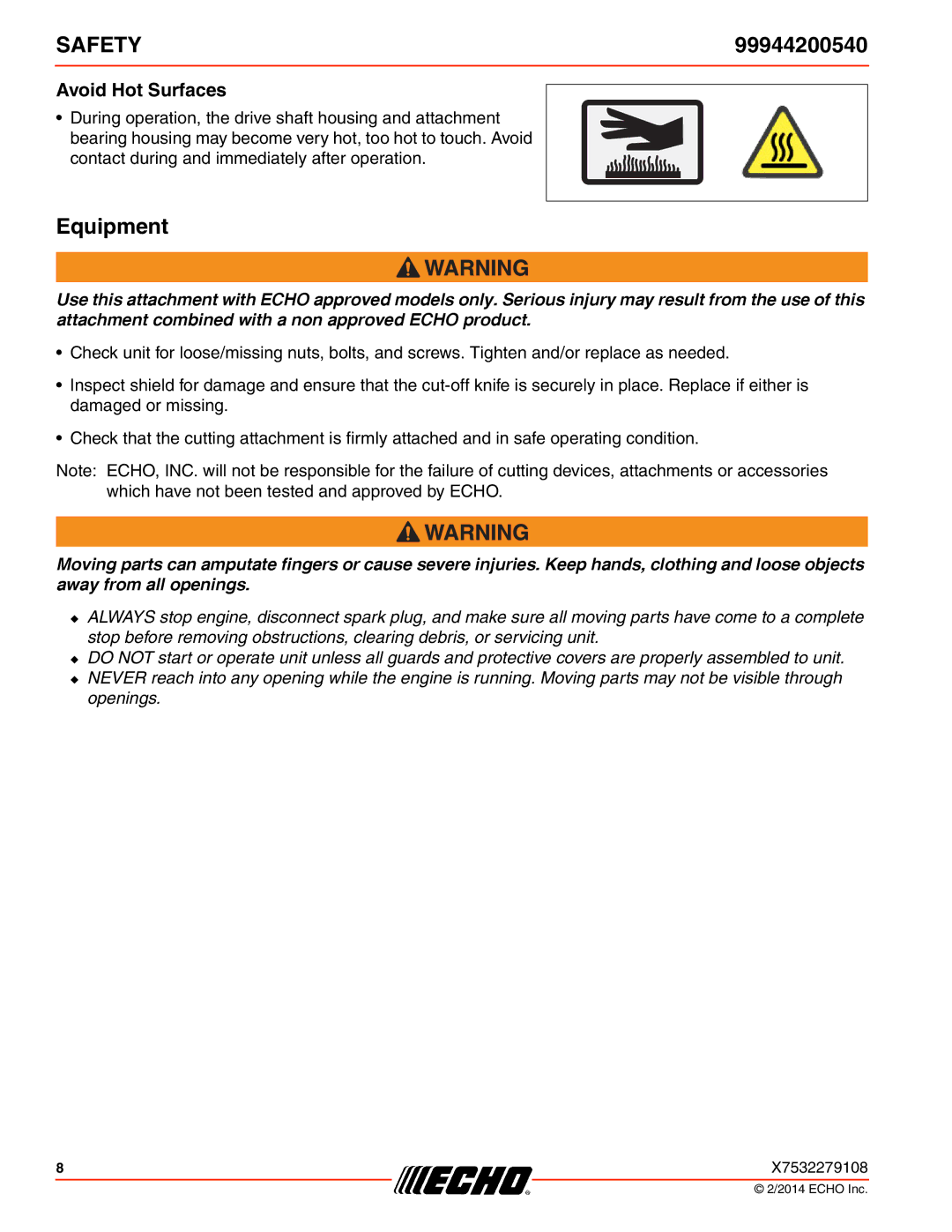 Echo PAS-2100, 261, 231, SRM-2100SB, 260SB, 225VPB, 211SB, 210SB, 230, 265, 2601, 2400SB Equipment, Avoid Hot Surfaces 