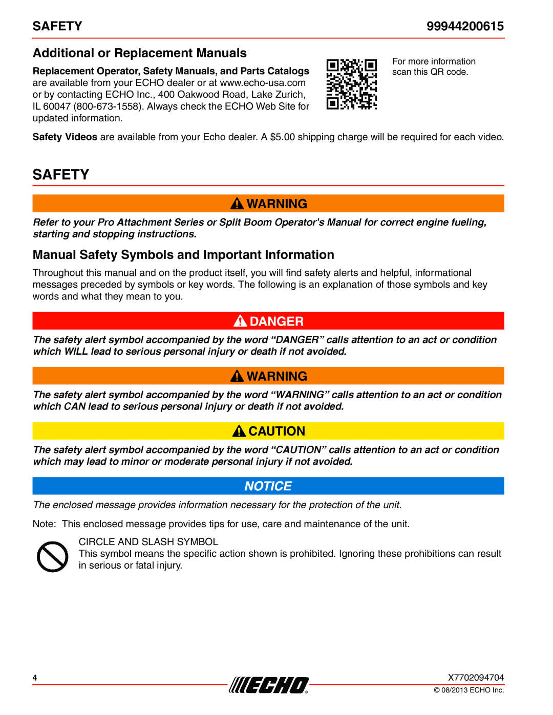 Echo 2400, 260, 261, 231 99944200615, Additional or Replacement Manuals, Manual Safety Symbols and Important Information 