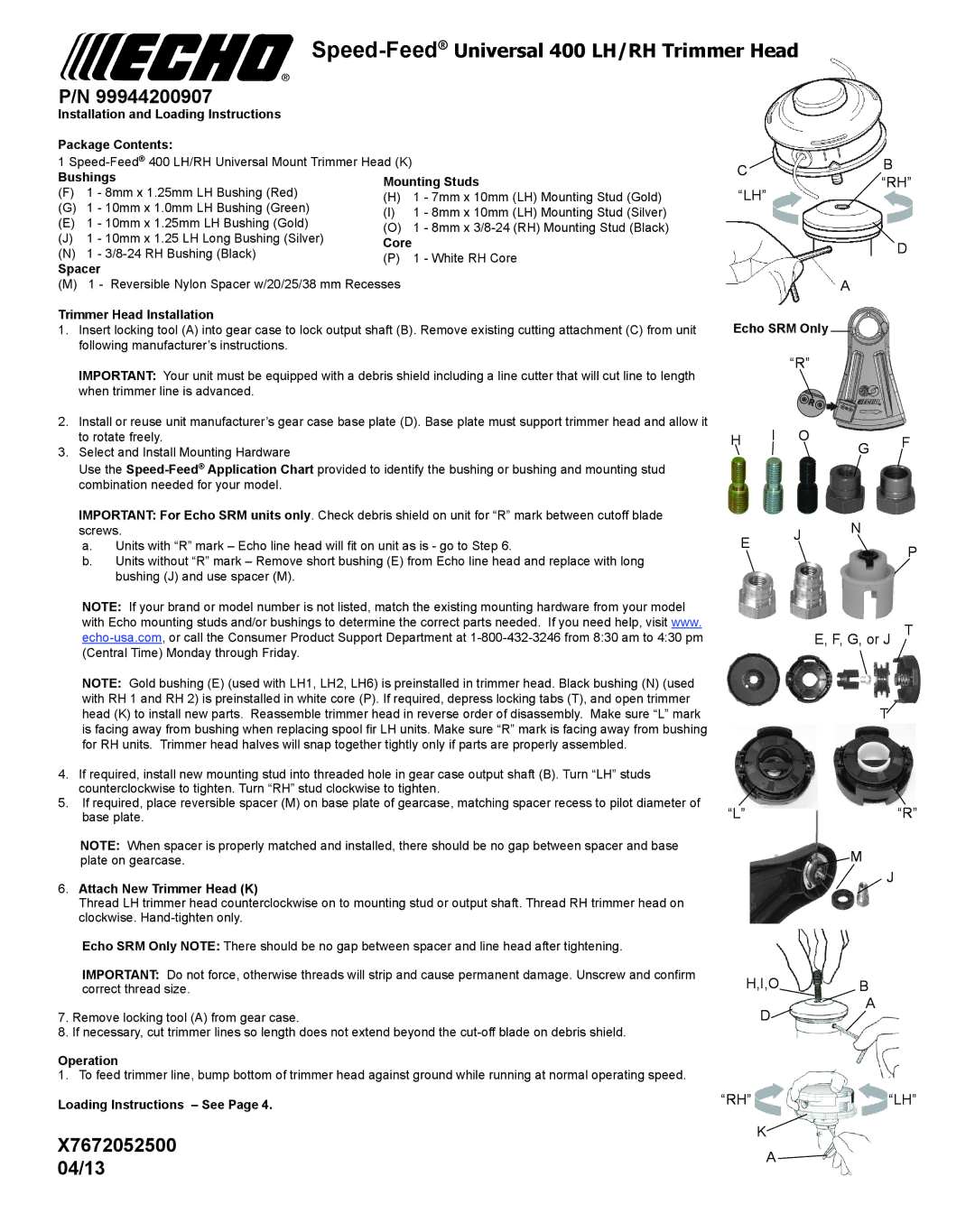 Echo 400 LH, 400 RH manual X7672052500 04/13, O G F 