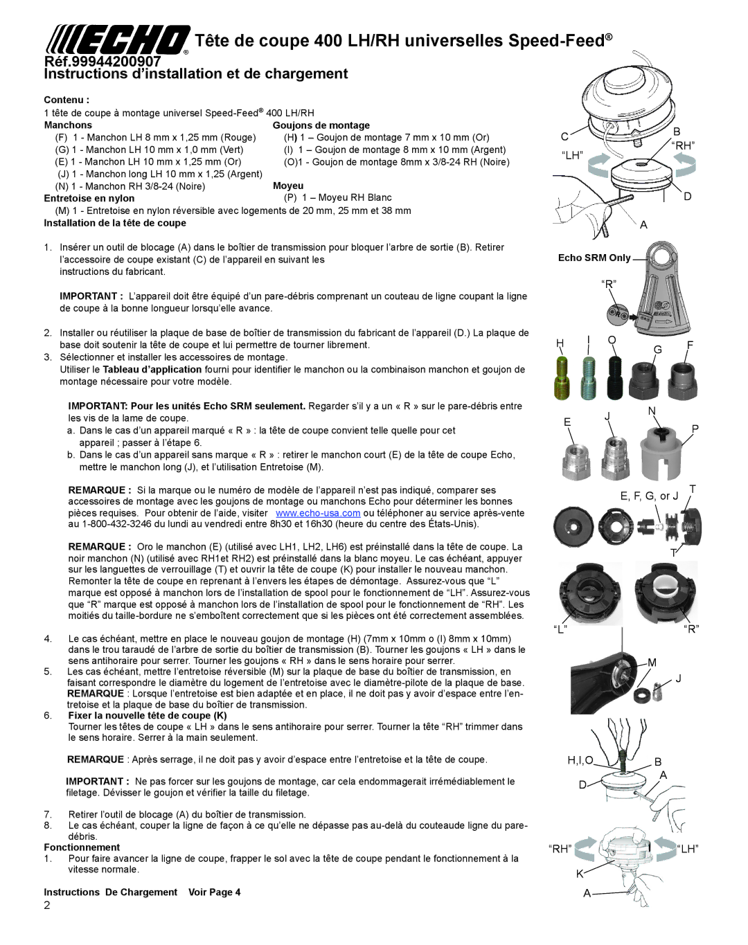 Echo 400 RH manual Tête de coupe 400 LH/RH universelles Speed-Feed 