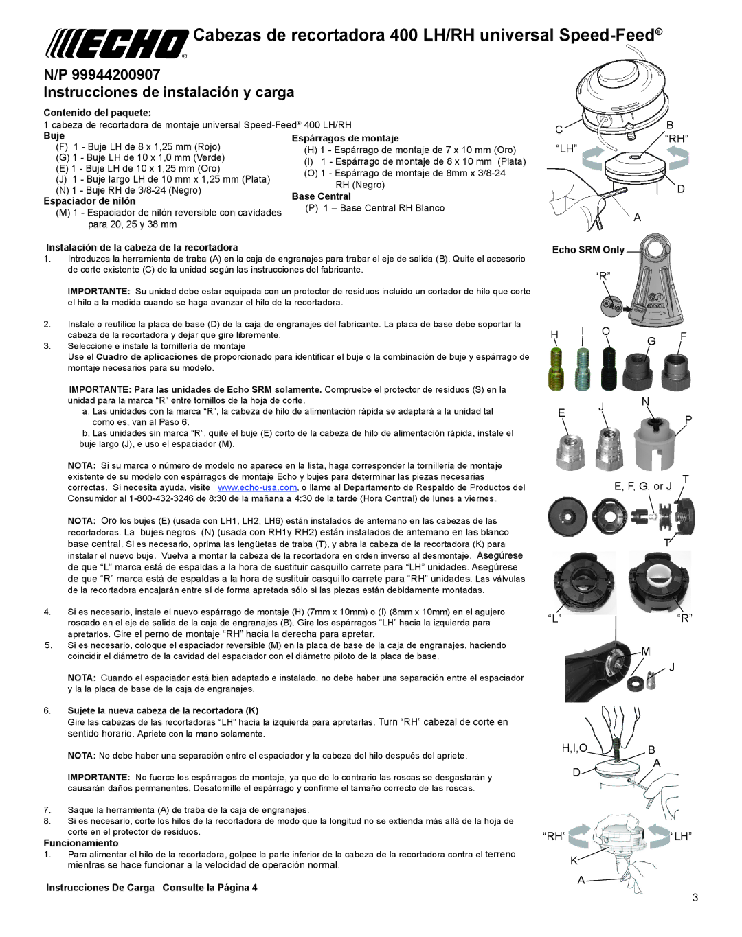 Echo 400 RH Cabezas de recortadora 400 LH/RH universal Speed-Feed, Instrucciones de instalación y carga, O G F N P 