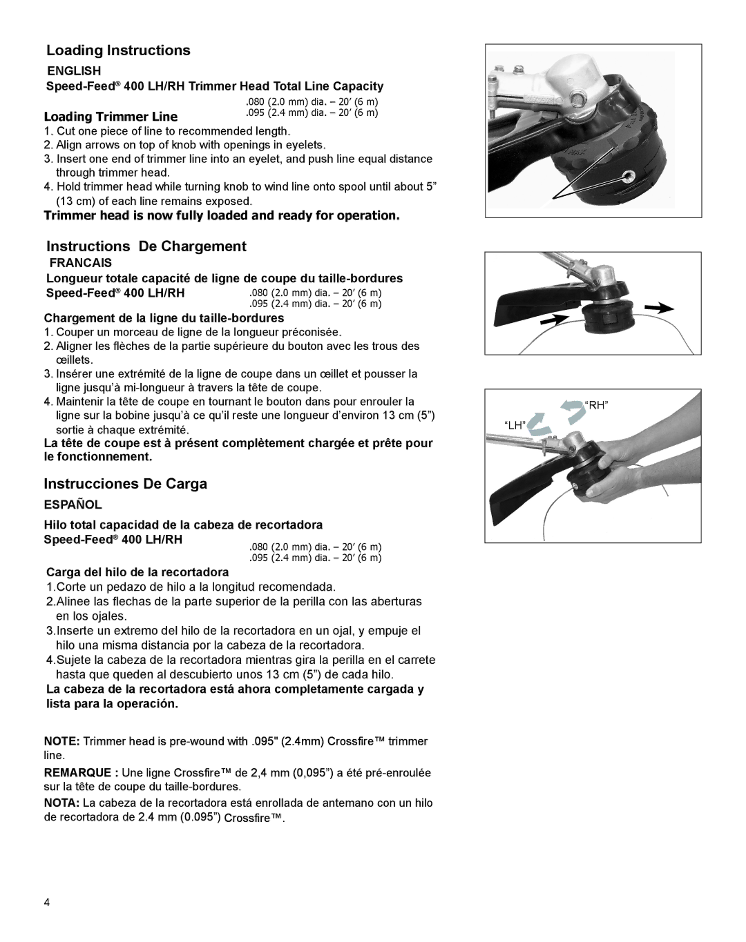 Echo 400 RH, 400 LH manual Loading Instructions, Instructions De Chargement, Instrucciones De Carga 