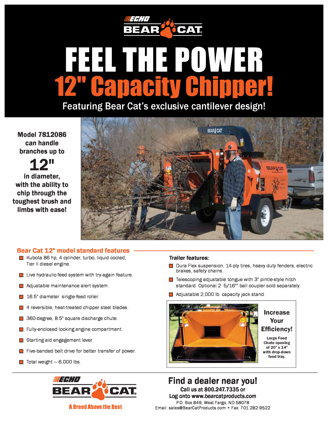 Echo 7812086 manual Featuring Bear Cat’s exclusive cantilever design, Feel the power, Capacity Chipper, in diameter 