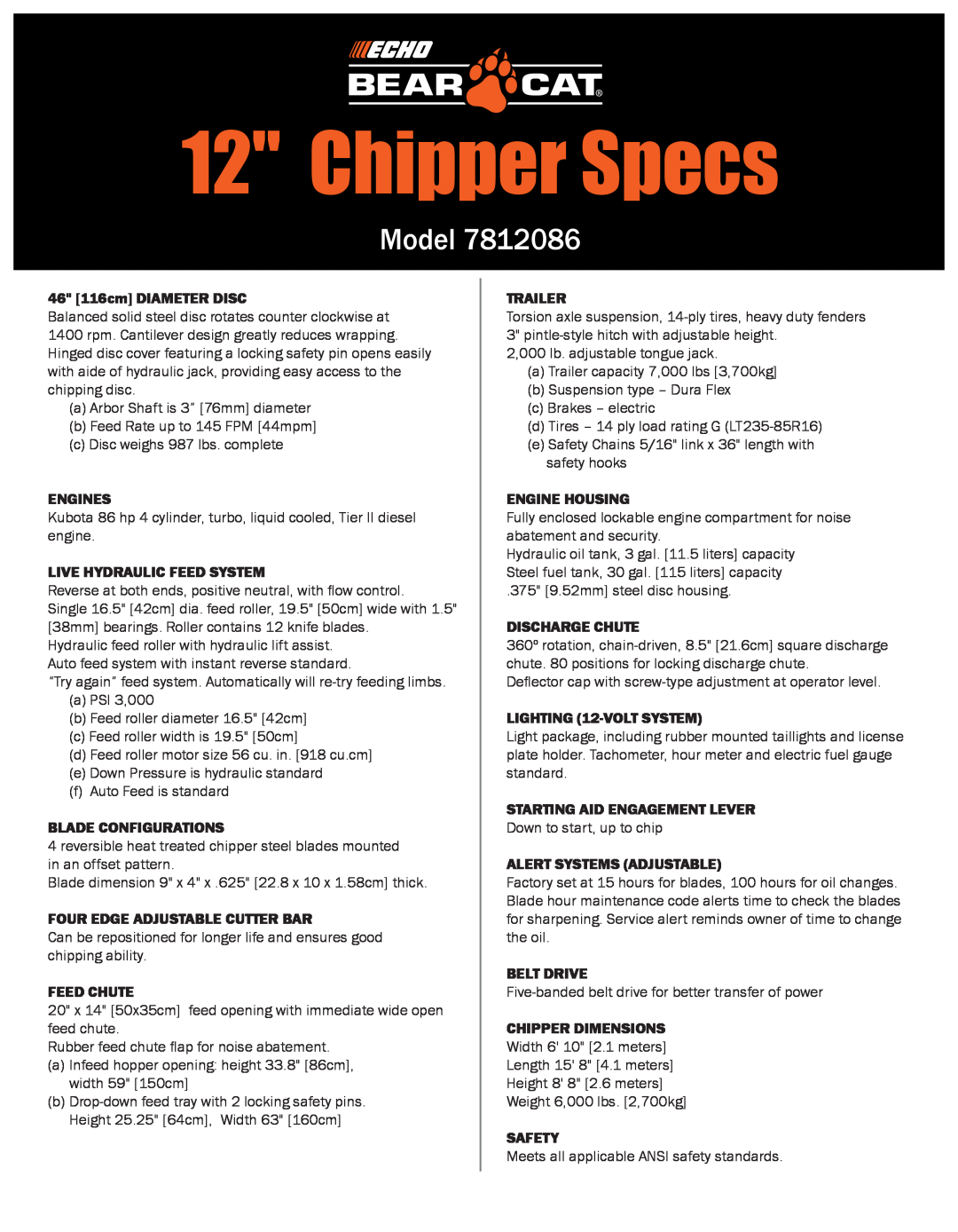 Echo 7812086 manual Model, Chipper Specs 