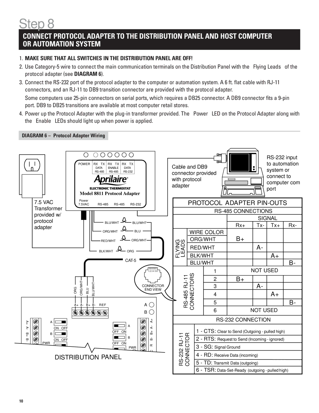 Echo 8870 installation manual Diagram 6 Protocol Adapter Wiring, VAC Transformer provided w/ protocol adapter 