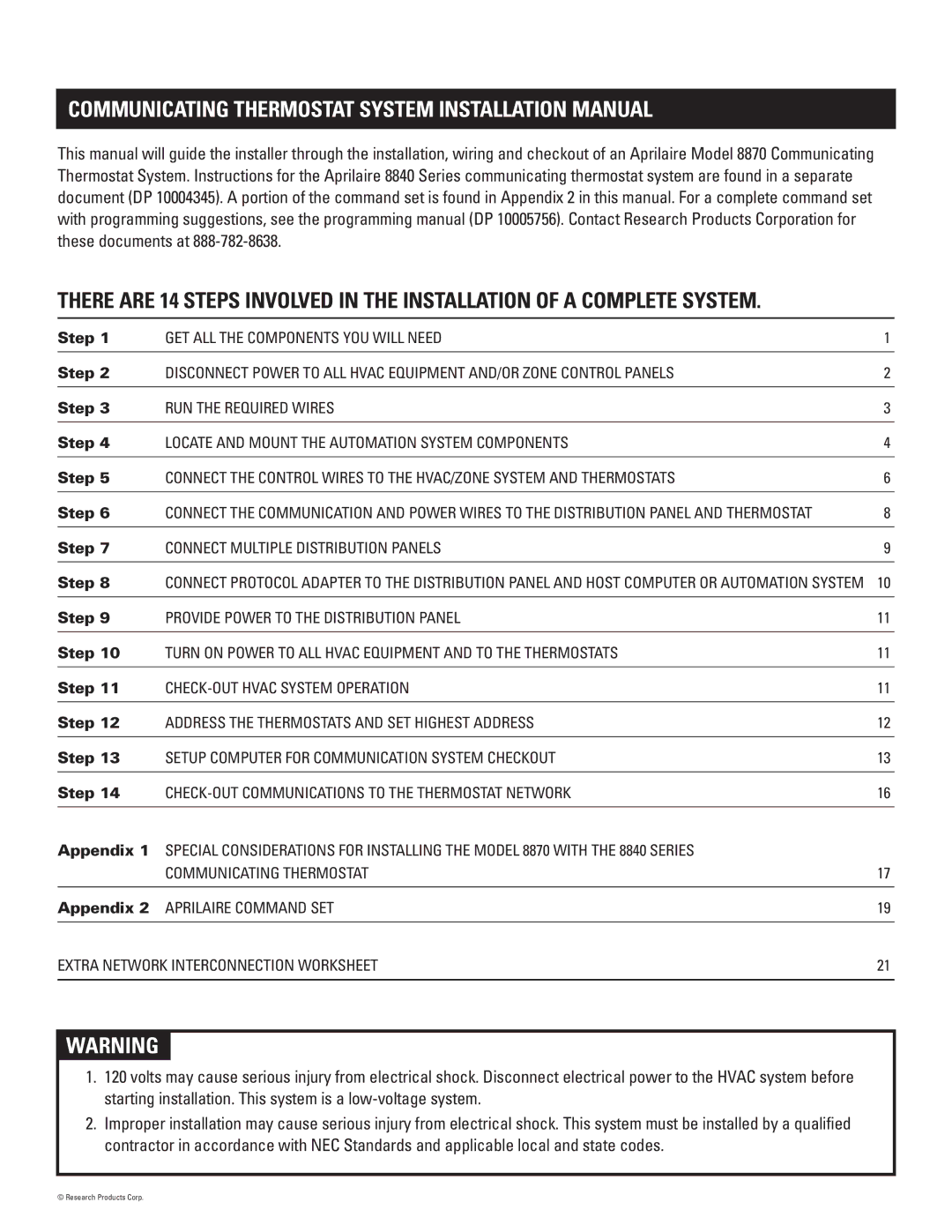 Echo 8870 installation manual Communicating Thermostat System Installation Manual, Step, Appendix 