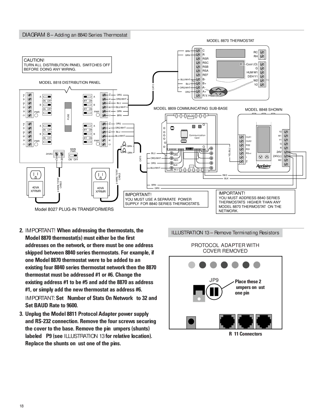 Echo 8870 installation manual Diagram 8 Adding an 8840 Series Thermostat, Illustration 13 Remove Terminating Resistors 