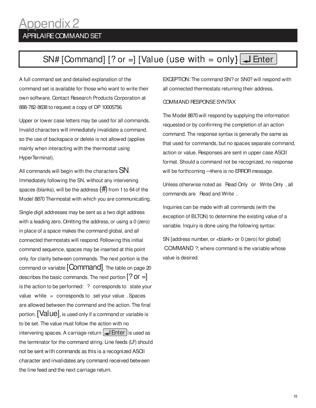 Echo 8870 Aprilaire Command SET, To be set. The value must follow the action with no, Command Response Syntax 