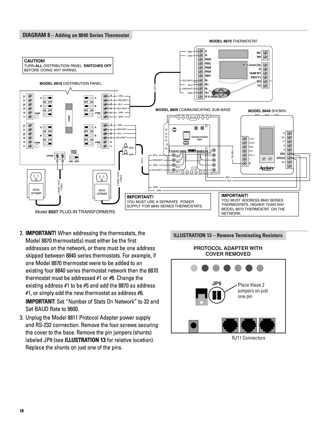Echo 8870 installation manual DIAGRAM 8 - Adding an 8840 Series Thermostat, ILLUSTRATION 13 - Remove Terminating Resistors 