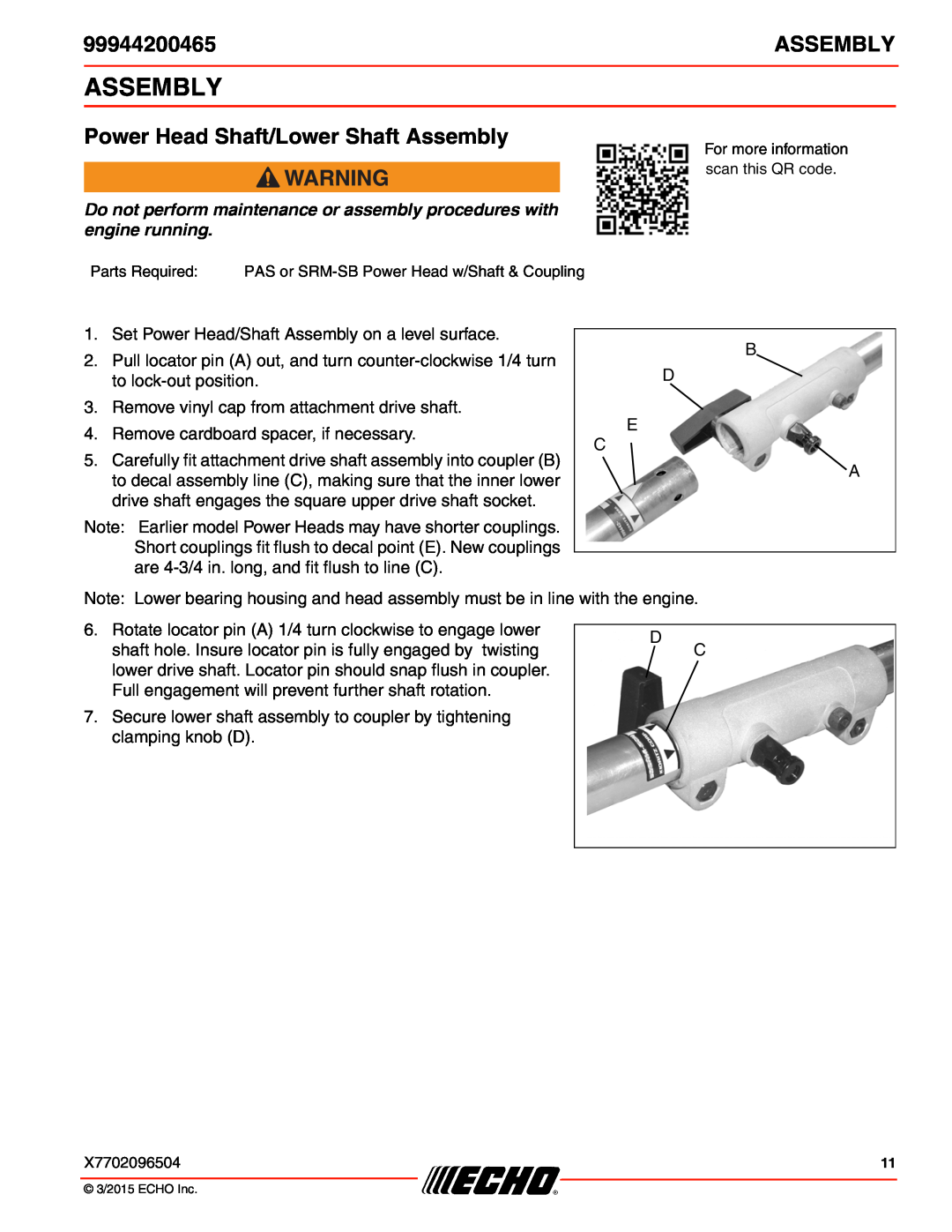 Echo 99944200465 specifications Power Head Shaft/Lower Shaft Assembly 